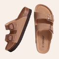 Evshine Leather Cork Footed Clogs Sandals For Women Fashion Flat Mules Slippers with Arch Support Men Double Buckle Cork Slides