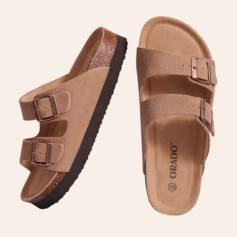 Evshine Leather Cork Footed Clogs Sandals For Women Fashion Flat Mules Slippers with Arch Support Men Double Buckle Cork Slides