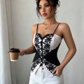 Women's Black White Lace Embroidery Cami Top V-Neck Spaghetti Strap Slim Fit Corset Style Camisole for Party, Daily & Club Wear