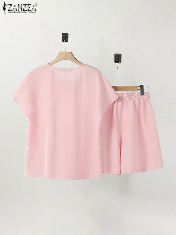 2025 ZANZEA Women's Short Sets Summer Lace Insert Short Sleeve V Neck T-shirt and Elastic Waist Shorts Casual 2-Pieces Suits