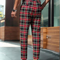 Men's Tartan Plaid Tapered Cropped Dress Pants Viscose Polyamide Elastane Slim Fit Business Casual Ankle‑Length Trousers