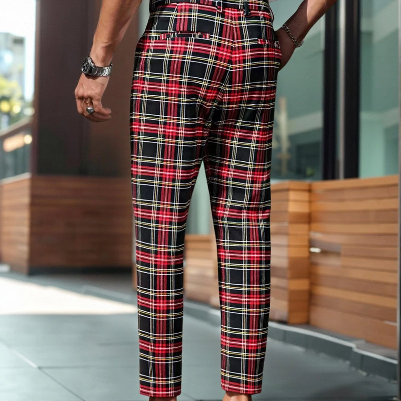 Men's Tartan Plaid Tapered Cropped Dress Pants Viscose Polyamide Elastane Slim Fit Business Casual Ankle‑Length Trousers