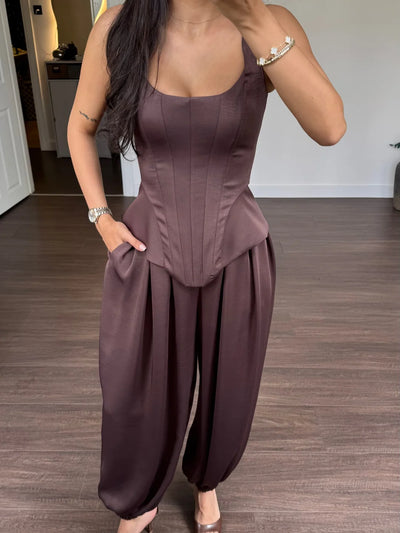 Laru Women Satin Outfit U Neck Corset Tank Top High Waist | SAMAG
