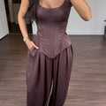 Laru Women Satin 2 Piece Outfit U Neck Corset Tank Top High Waist Harem Baggy Pants Elegant Party Daily Matching Suit