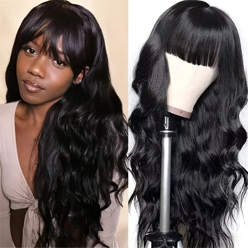 Body Wave Human Hair Wigs With Bang Full Machine Made Wigs 3x1 Middle Part Lace Wig Brazilian Bob Wig Natural Color Wig 30 Inch
