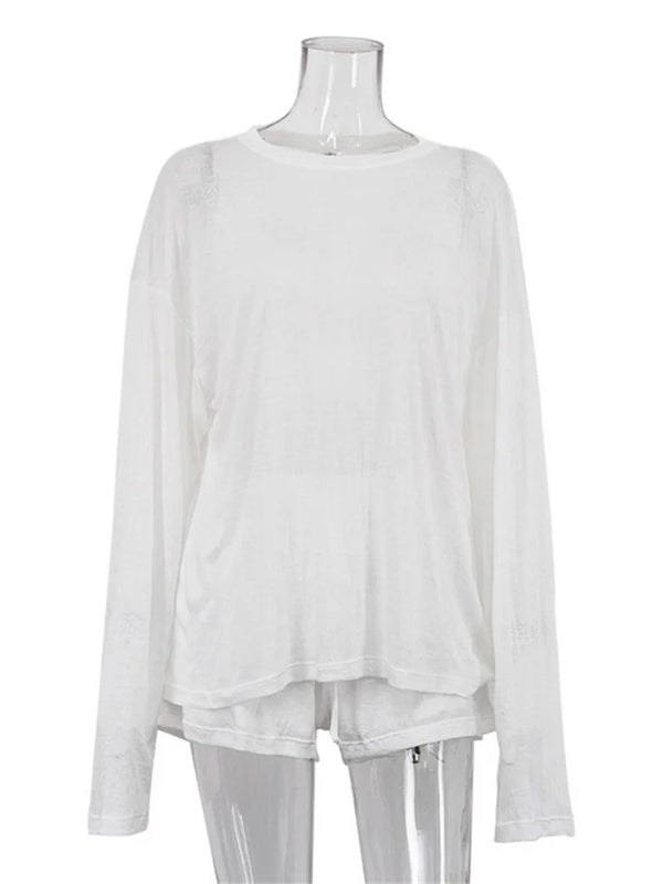 Tossy Casual White 2 Piece Set Women Summer Lounge Wear Loose Long Sleeve Pullover Top And High Waist Shorts Beach Outfits 2026