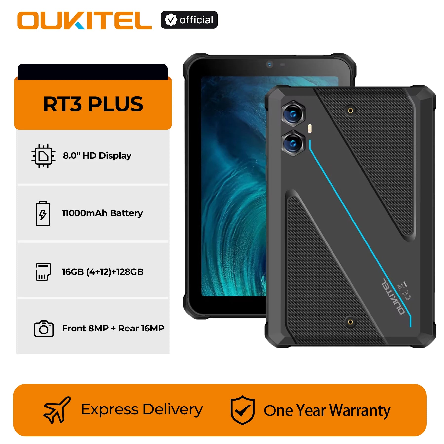 【World Premiere】Oukitel RT3 PLUS Rugged Tablet 8.0" HD Display11000mAh Battery 16GB (4+12)+128GB Android 15.0 16MP