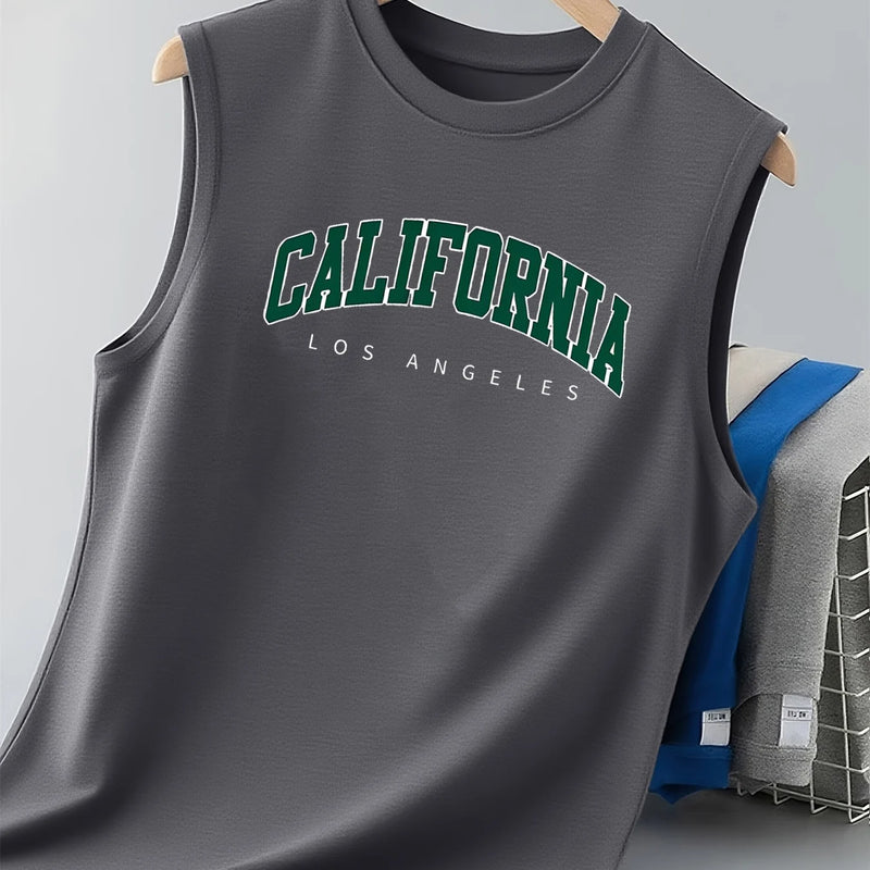 100% pure cotton men's summer casual loose California pattern printed fitness breathable round neck sleeveless vest-H13