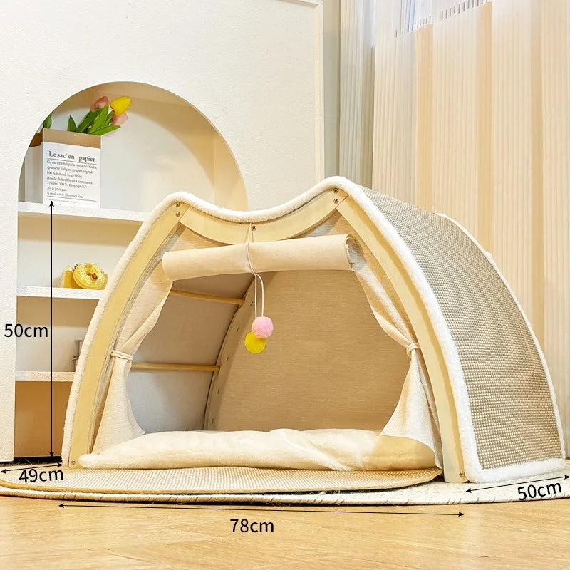 Warmth Enclosed Wooden  Scratching Board Large Villa Style  House for All Seasons Indoor Pet Shelter  Tent Dog Bed