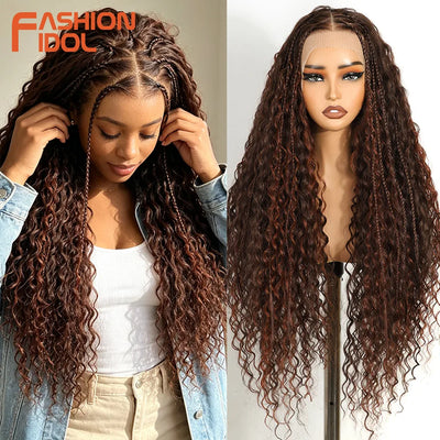 FASHION IDOL 32 inch 13x4 Box Braided Lace Frontal Wigs For Black Women Synthetic Brown Twist Faux Locs Wigs Goddess Braids Wigs
