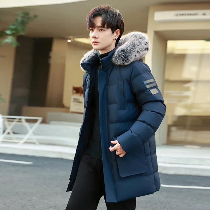 Men's Outdoor High-quality Windproof Breathable Thick Padded Down Winter Thick Windproof Warm with Hat Long Cotton Goose Down