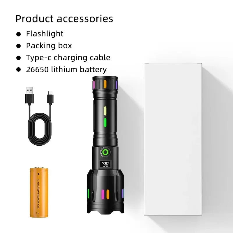 Long Range LED Flashlight High Power Spotlight Fluorescent Absorbing Film Luminous Colorful Zoom Flashlight Camping Emergency
