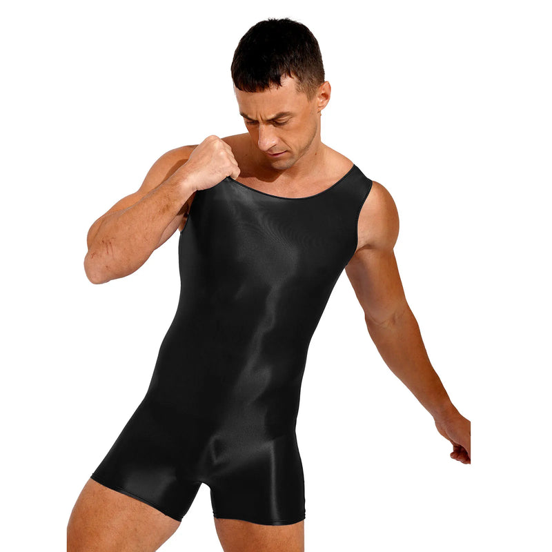 Swimwear Mens Glossy Stretchy Swimsuit U Neck Tank Leotard Jumpsuit Bodysuit Mankini Bodybuilding Fitness Exercise Swimming Suit