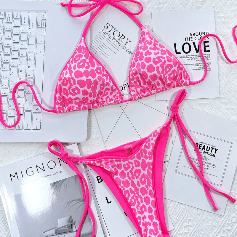 Sexy string leopard print bikinis set swimsuit halter tie | SAMAG