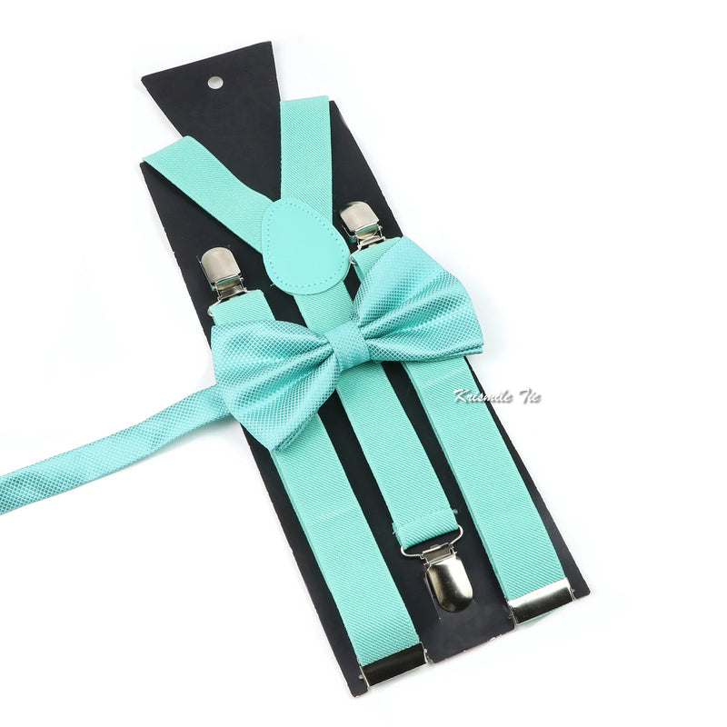 Fashion Men Kids Turquoise Green Suspender Bowtie Sets Elastic Solid Color Y - back Straps Butterfly - Visuel 20 | SAMAG