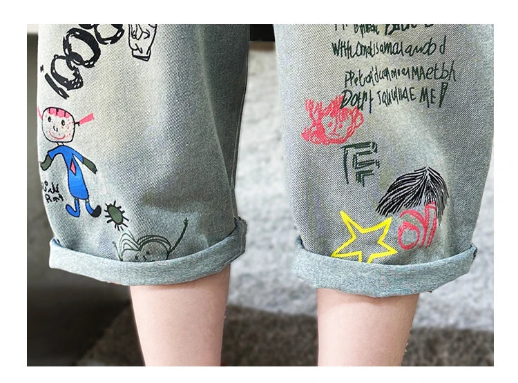 Kids Boys Graffiti Drawing Denim Shorts Elegant Children Casual Ripped Short Jeans Capris Pants 5 6 7 8 9 10 11 12 13 14 Year