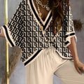 Missuoo Women's Loose Geometric Print V Neck Batwing Sleeve Top & Wide Leg Pants Set 2026 Summer Casual Loose 2 Piece Outfit