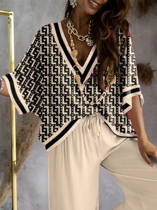 Missuoo Women's Loose Geometric Print V Neck Batwing Sleeve Top & Wide Leg Pants Set 2026 Summer Casual Loose 2 Piece Outfit