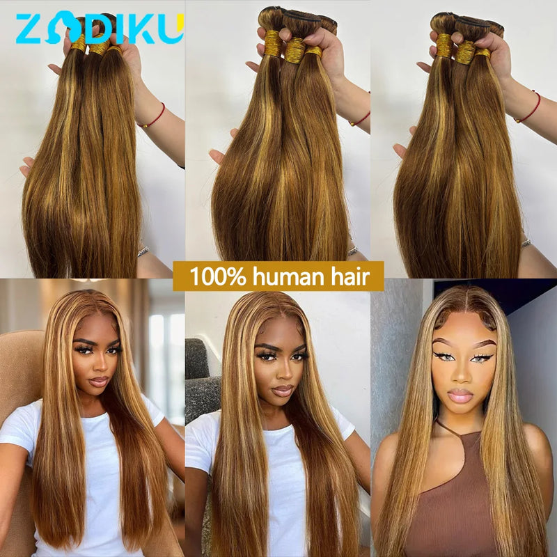12A Highlight Bundles Human Hair P4-27 Straight Human Hair Bundles 100% Human Hair Raw Hair Bundles Highlight Wig Human Hair