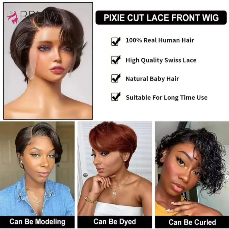 200% Density Lace Front Straight Wig Pixie Cut Wig 13X4 Full Lace Wig Bob Wig Human Hair Wigs For Women Pre Plucked BPHW Hair