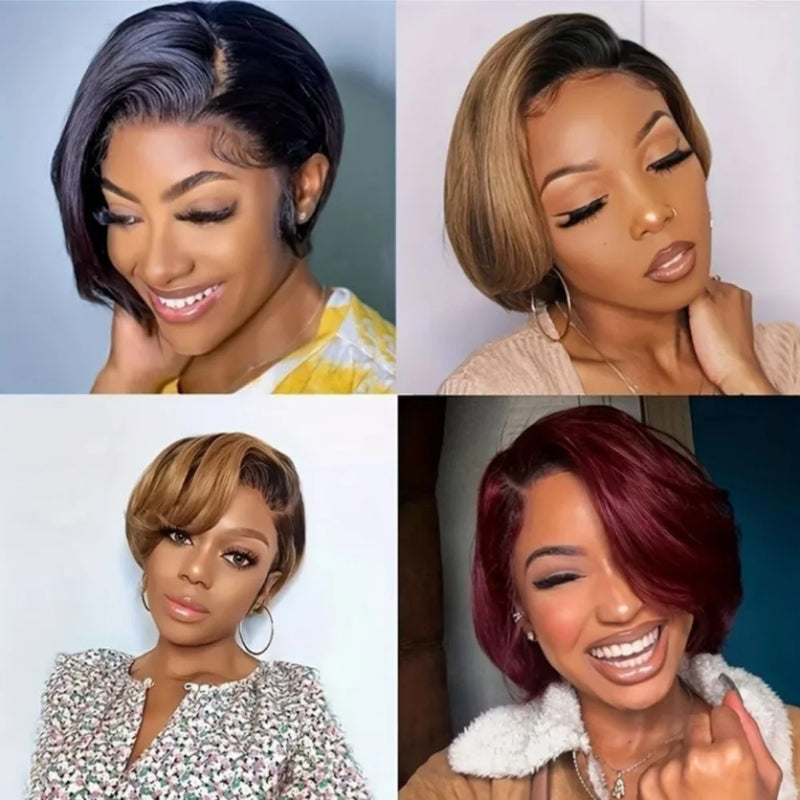 200% Density Full Machine Made Wig Pixie Cut Straight Brazilian Remy 100% Human Hair Wigs For Black Women Natural Color Wigs