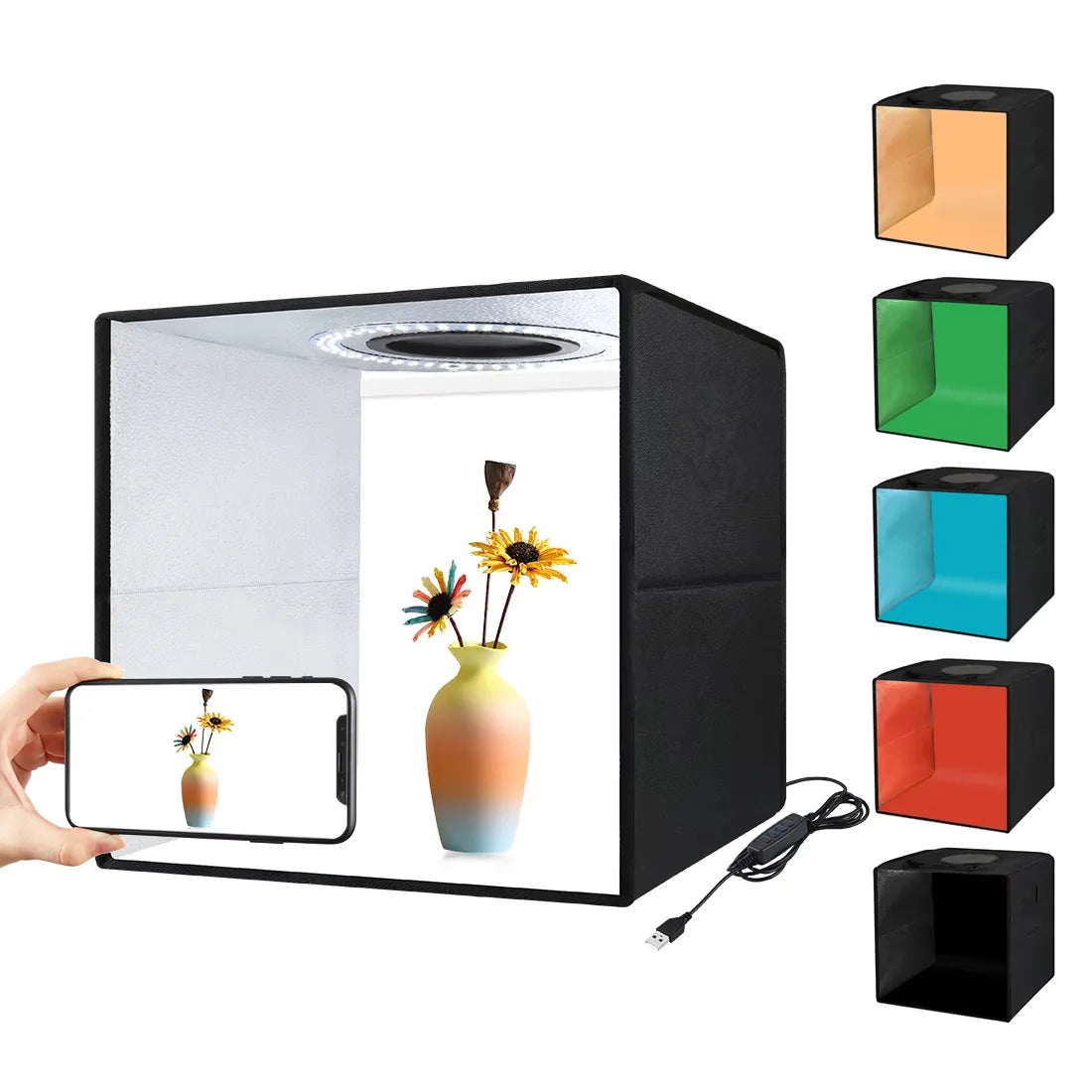 LED Photo Studio Light Box Kit 12"x12" with 120pcs LEDs 6 Backdrops for Photography Portable Dimmable Versatile