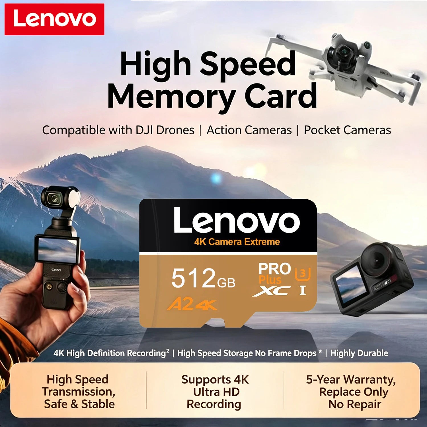 Lenovo Micro SD Card 512GB 256GB V30 U3 Flash Memory Card Class 10 High Speed Cartao De Memoria 128GB For Xiaomi Phone Laptop