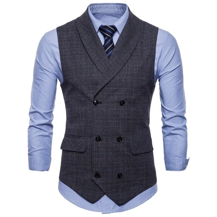 Blazer Men Vests Plaid Suits Coats Double Breasted Turn Down Collar Sleeveless Slim Fit Vest Coat Casual Regular Splice Autumn