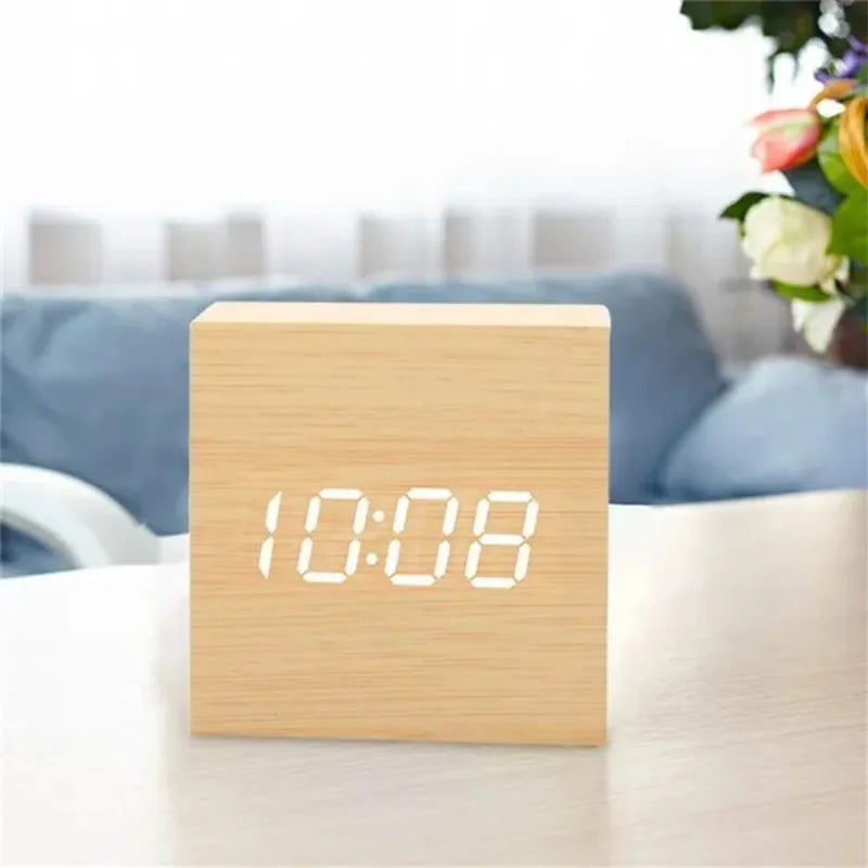 Voice Control Digital Electronic Clock Luminous Smart LED Wooden Alarm Clock Multifunctional Desktop Timepiece