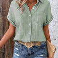 Women Casual Cotton Blouse Vintage Summer Short Sleeve Slim Shirt Elegant Turn Down Collar Solid Tunics Harajuku Streetwear Tops