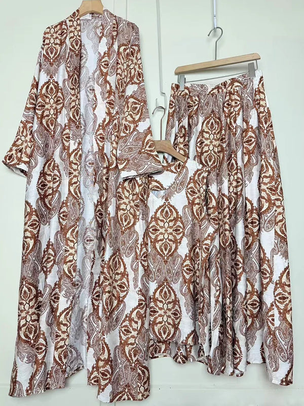 Design retro positioning printed long cardigan+vest three piece set for spring women's clothing+loose pants skirt fashion set