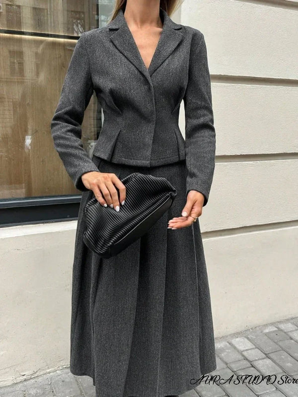 Women Two Piece Skirt Set Women Puff Sleeve Lapel Blazer Coat High Waist Pleated Midi Skirt Suit Autumn Lady Formal Outfit