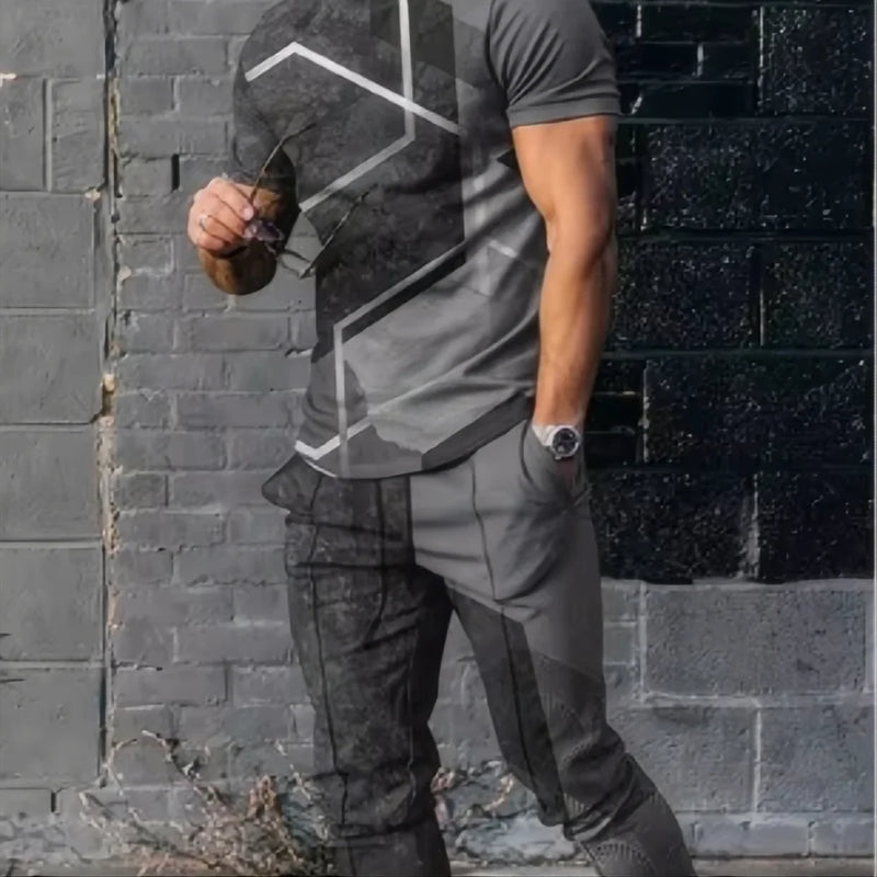 Summer men's T - shirt and pants sports suit abstract gradient 3D printed T - and set 2 - piece street wear - View 2 | SAMAG
