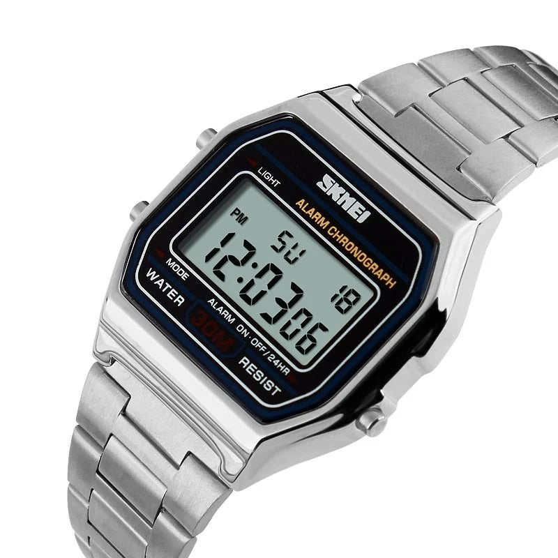 SKMEI 1123 Fashion Men Stainless Steel Strap LED Display Watches 3Bar Waterproof Digital Watch reloj hombre for Casual Sport