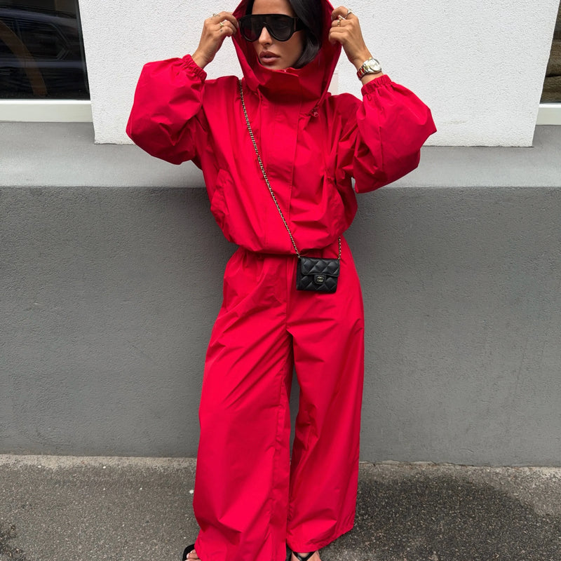 Women Hood Stand Collar Loose Jumpsuit Long Sleeve Elastic Waist Wide Leg Overalls Casual Streetwear One Piece Outfit For Ladies
