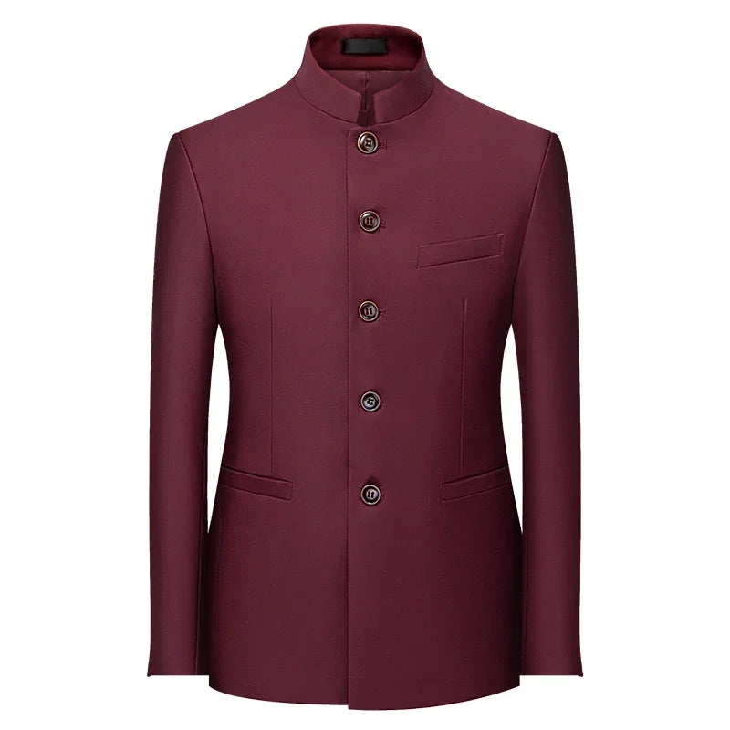 Chinese Stand Collar Men Blazer, Korean Style Solid Casual Suit Jacket, Fashion Slim Fit Dress Coat, Yellow,Burgundy,White,Black