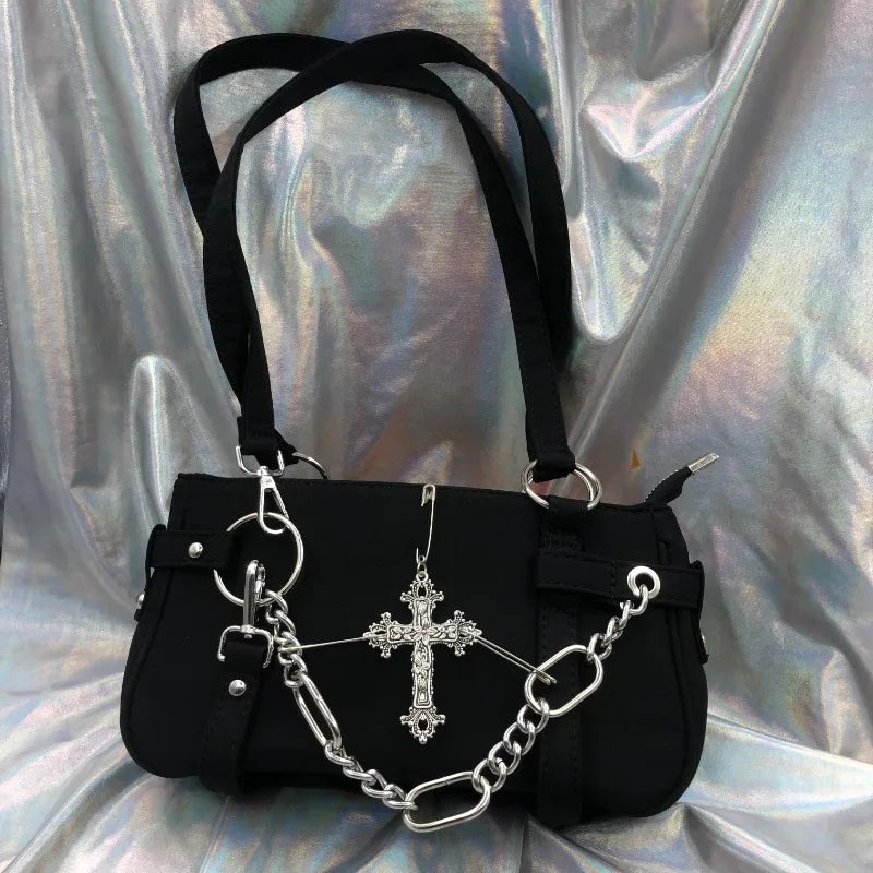 Japanese Vintage Streetwear Punk Women Handbags Y2k Aesthetic Trendy Cross Chain Shoulder Bags Casual Fashion Chic Underarm Bag
