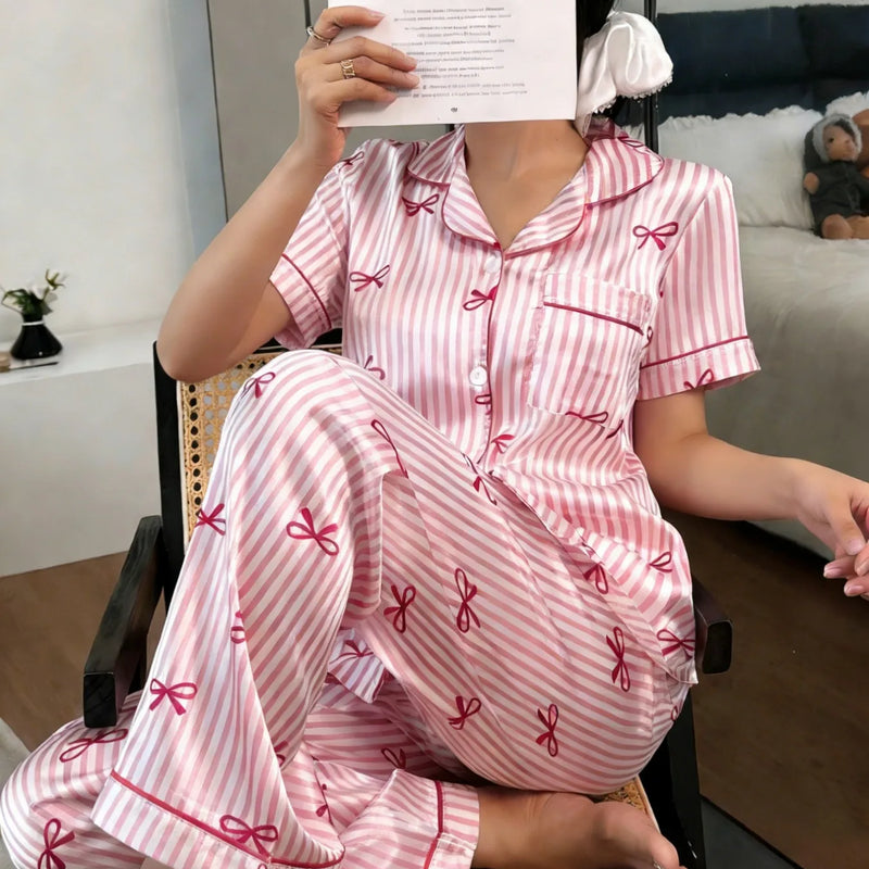 Summer Silk Satin Women Pajamas Set Button Down Top & Pants 2 Pieces Sleepwear Notched Collar Nightwear Loungewear for Women