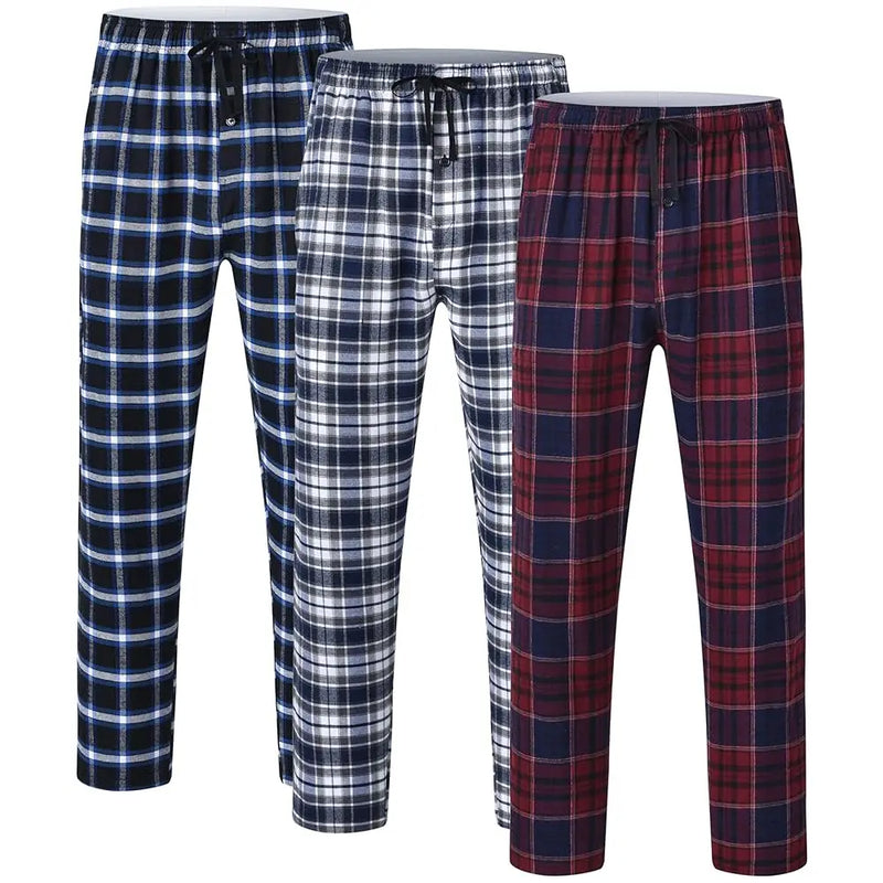 Men's 3Pcs Pajama Sleeping Pants Cotton Plaid Pjs, Long Plaid Print Sleepwear Pajama Pants with Elastic Waist Homewear