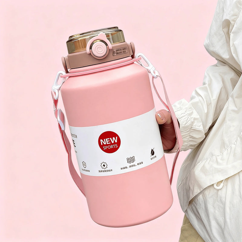 800ml/2000ml Large Capacity Stainless Steel Insulated Water Jug with Handle & Straw, Leakproof Vacuum Thermos Mug for Sports Out