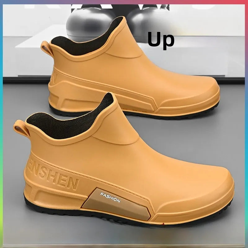 Men's Winter Fleece Lined Short Rain Boots Waterproof Non Slip Work Kitchen Safety Black Rubber Boots Thickened Shoe Bottom