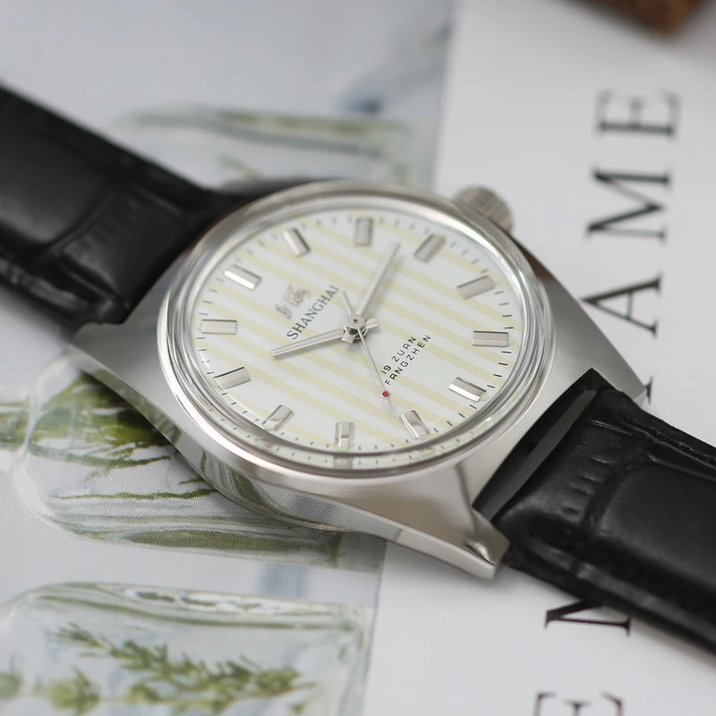 Vintage Shanghai Hand Wind Mechanical Watch  Simple Silver Case Black Leather Band Business Dress Wrist Watch