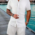 Men's White Pleated Texture Set Cuban Collar Short Sleeve | SAMAG