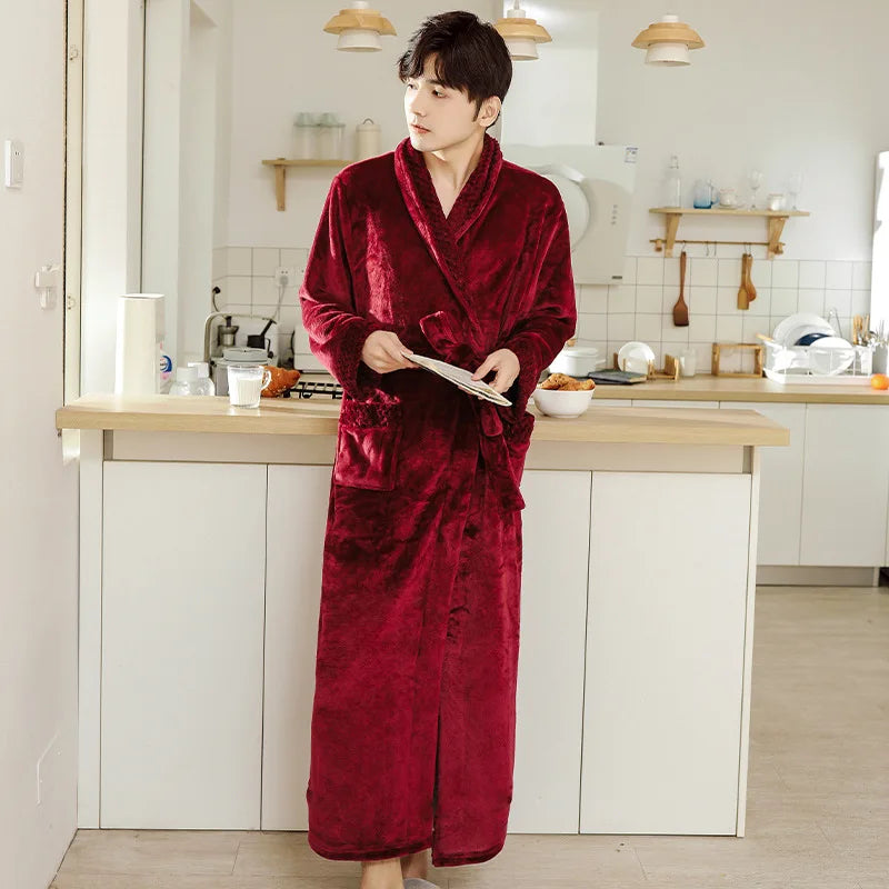 Couple Flannel Robe Winter Thick Warm Bathrobe Long Fleece Sleepwear Loungewear for Men and Women