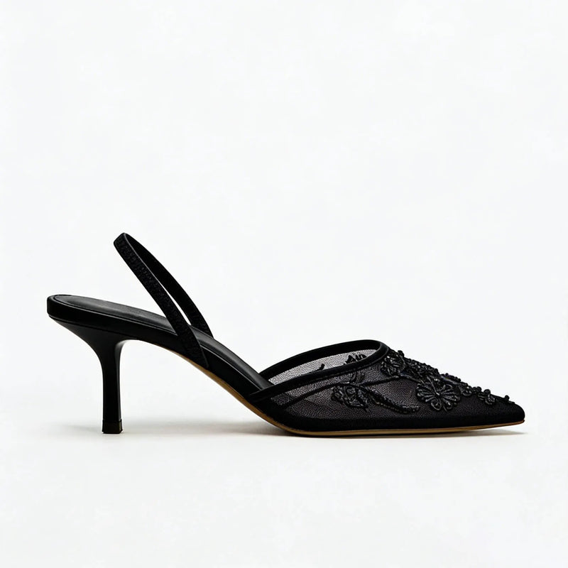 2026 Spring/Summer New Women's Shoes Champagne Chinese Embroidery Mesh Pearl Pointed High Heels Thin Heels Baotou