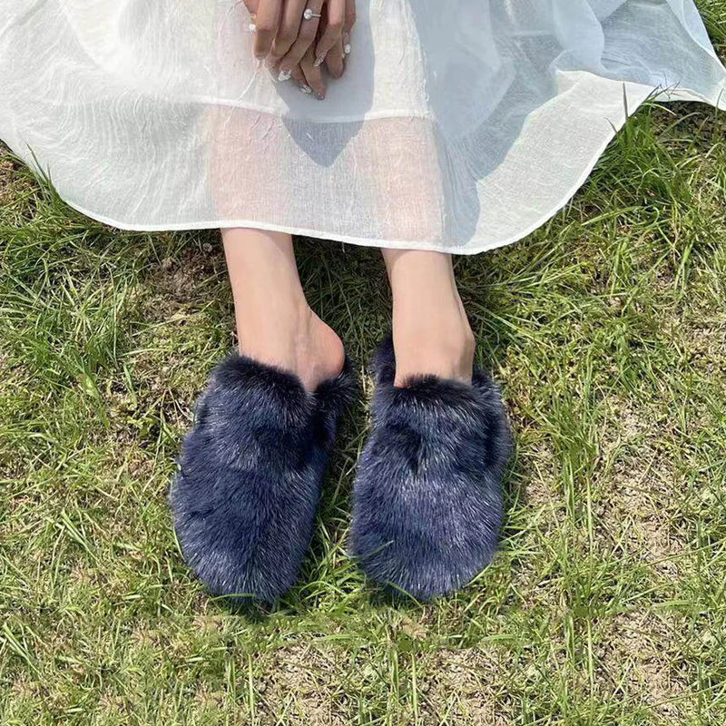 Women's Mules and Clogs Fuzzy Mink Fur Slippers with Arch Support Outdoor Women Shoe Closed Toe Nonslip Comwarm Clog Shoes Woman