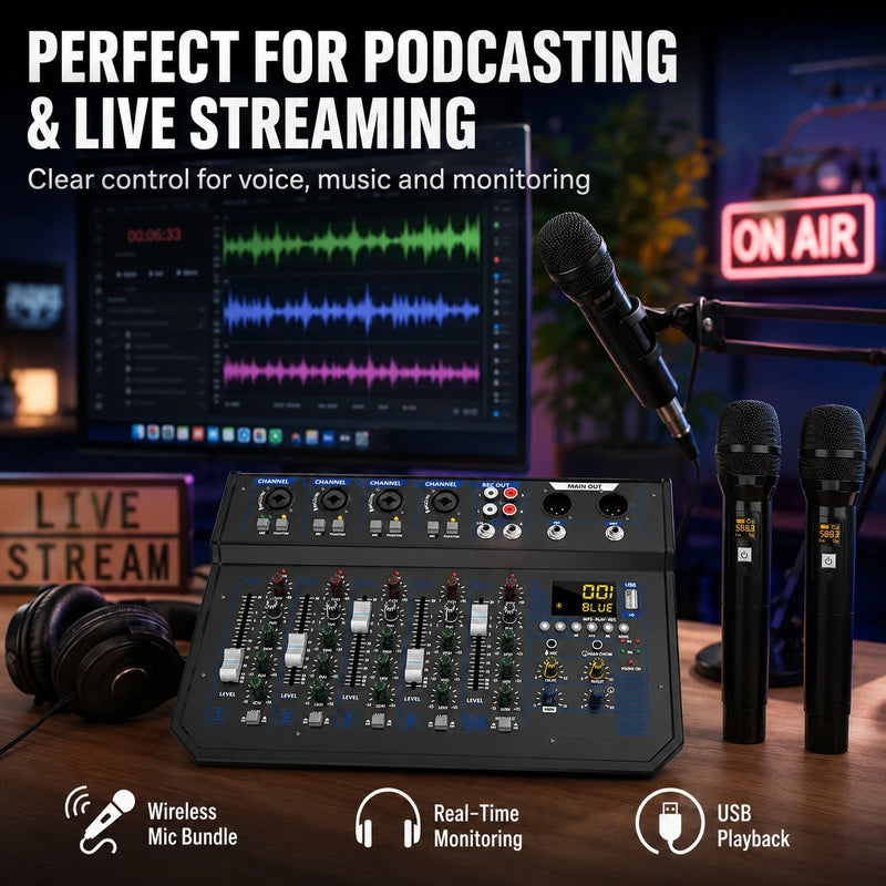 6 Channel Audio Mixer with 2 Wireless Microphones Bluetooth USB DJ Console Sound Mixer for Podcast Live Streaming Karaoke Studio