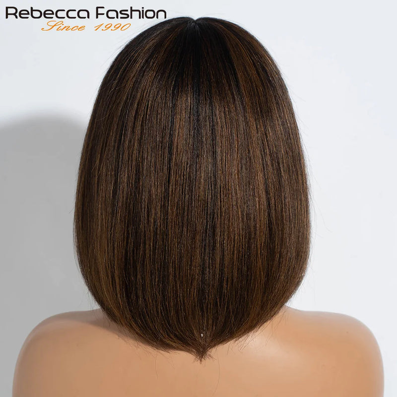 Put On And Go Easy Wear Human Hair Bob Lace Straight Wigs With Bangs Middle Part Bangs Wigs Brazilian Remy Hair Wigs Real Scalp