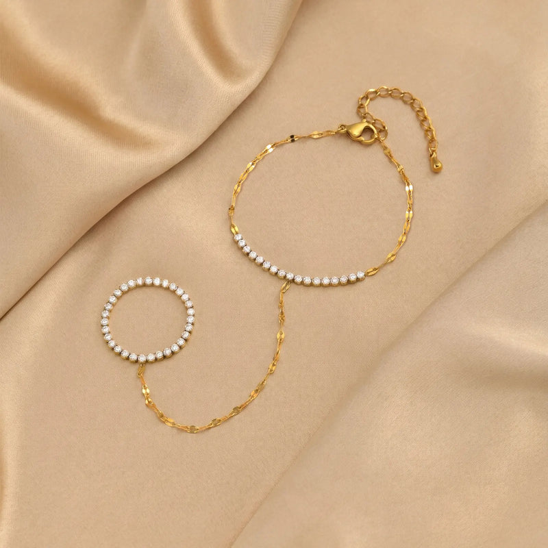 Bohemian Bead Slave Bracelet, 18K Gold Plated Stainless Steel, Waterproof Hand Chain Finger Ring Bracelet Jewelry for Women