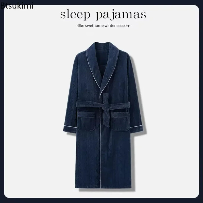 2026 Men's Autumn Winter Flannel Pajama Robes Thickened Warm Lace Up Bath Robes Men Loose Lounge Homewear Coral Fleece Nightgown